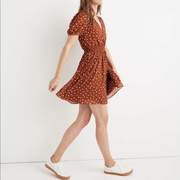 NWT Madewell Smocked Waist Mini Dress Inkspot Dots Brown Polka Dot Pinup Small - Picture 4 of 16